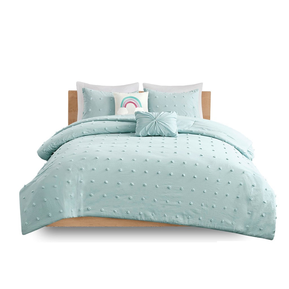 Callie Cotton Jacquard Pom Pom Comforter Set - Aqua - Full Size / Queen Size