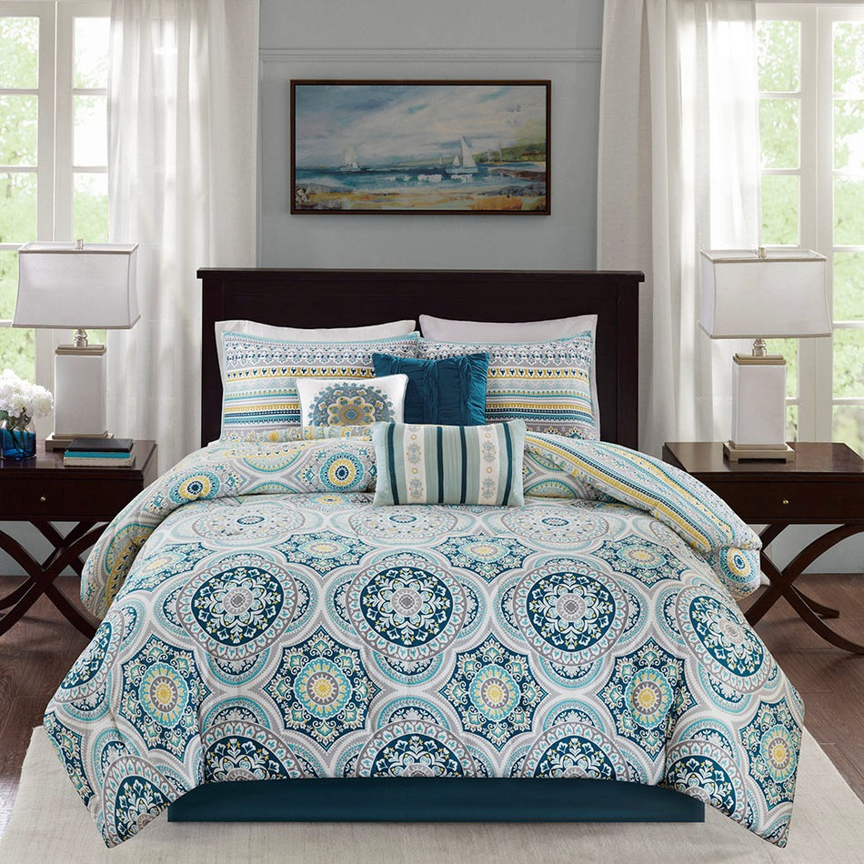 Mercia 7 Piece Reversible Cotton Sateen Comforter Set - Teal - Cal King Size