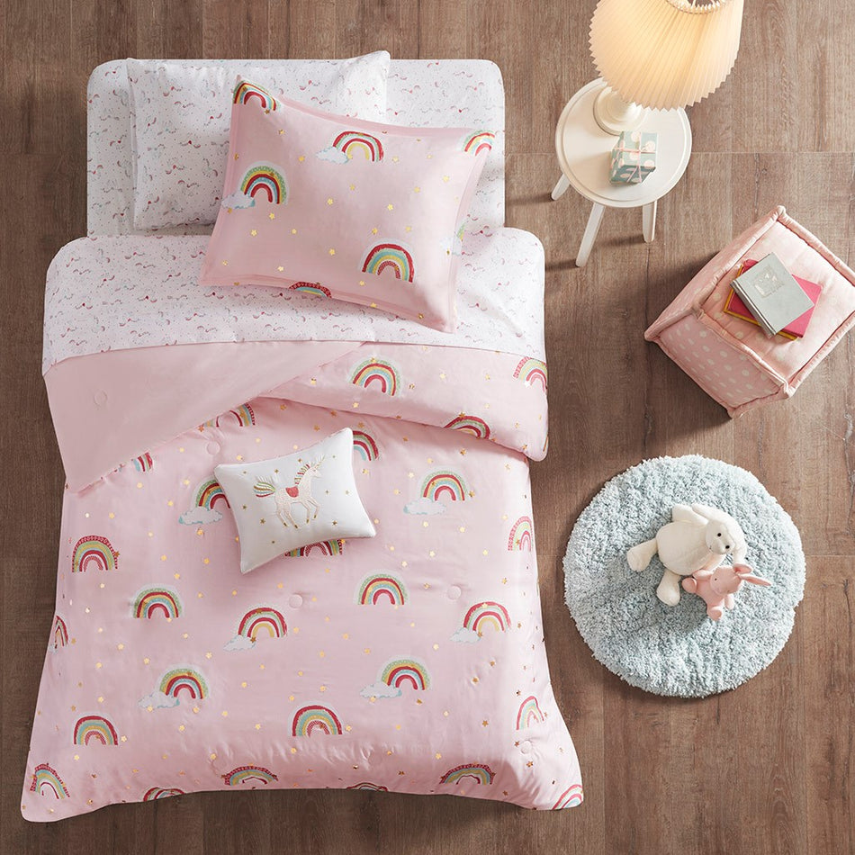 Alicia Rainbow and Metallic Stars Comforter Set with Bed Sheets - Pink - Twin Size