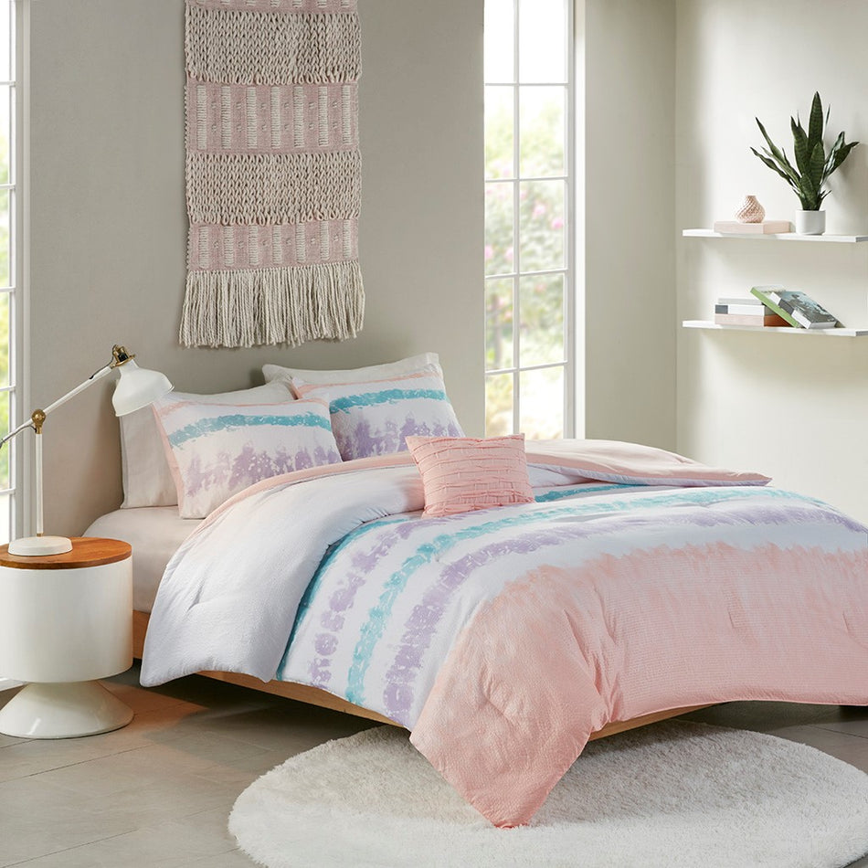 Loriann Tie Dye Printed Seersucker Comforter Set - Pink / Purple - Full Size / Queen Size