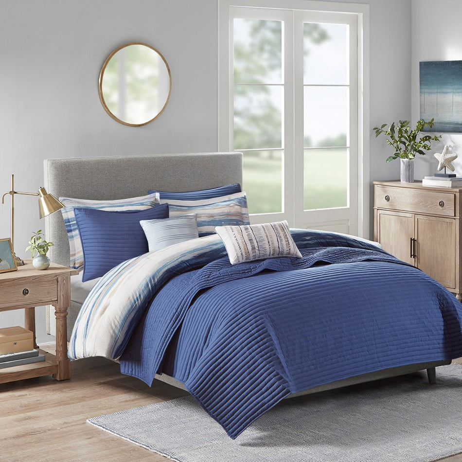 Marina 8 Piece Printed Seersucker Comforter and Coverlet Set Collection - Blue - Full Size / Queen Size