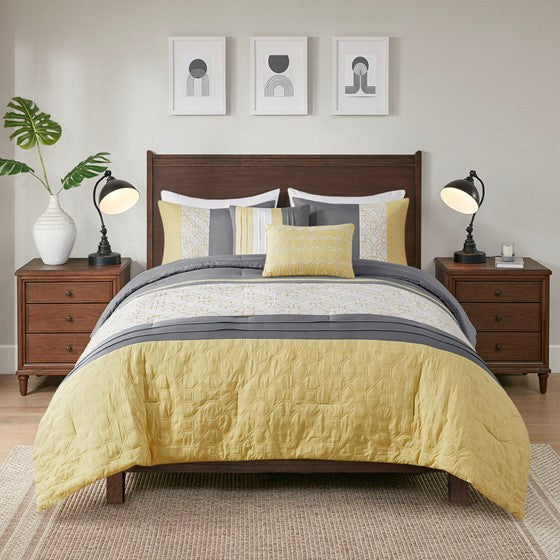 Donnell Embroidered 5 Piece Comforter Set - Yellow / Grey - King Size / Cal King Size