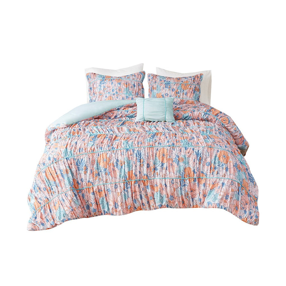 Mae Floral Printed Ruched Comforter Set - Pink / Blue - Twin Size / Twin XL Size