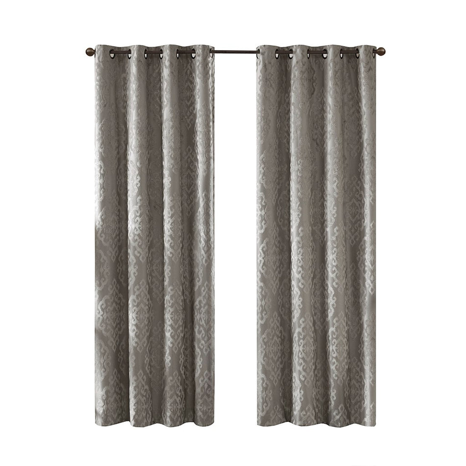 Mirage Knitted Jacquard Damask Total Blackout Grommet Top Curtain Panel - Charcoal - 84" Panel