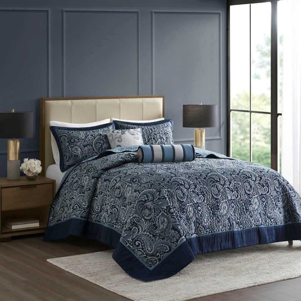 Madison Park Aubrey 5 Piece Reversible Jacquard Bedspread Set - Navy - Queen Size