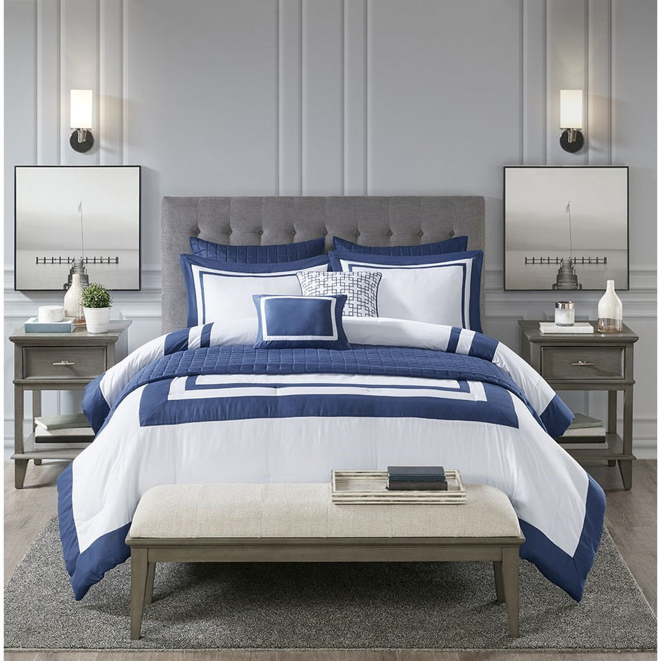 Heritage 8 Piece Comforter and Coverlet Set Collection - Navy - Full Size / Queen Size