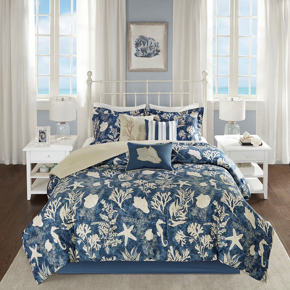 Cape Cod 7 Piece Cotton Sateen Comforter Set - Blue - King Size