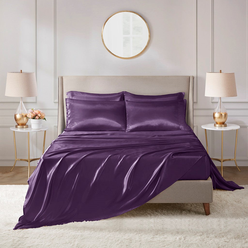 Madison Park Essentials Satin Luxury 6 PC Sheet Set - Purple - Cal King Size