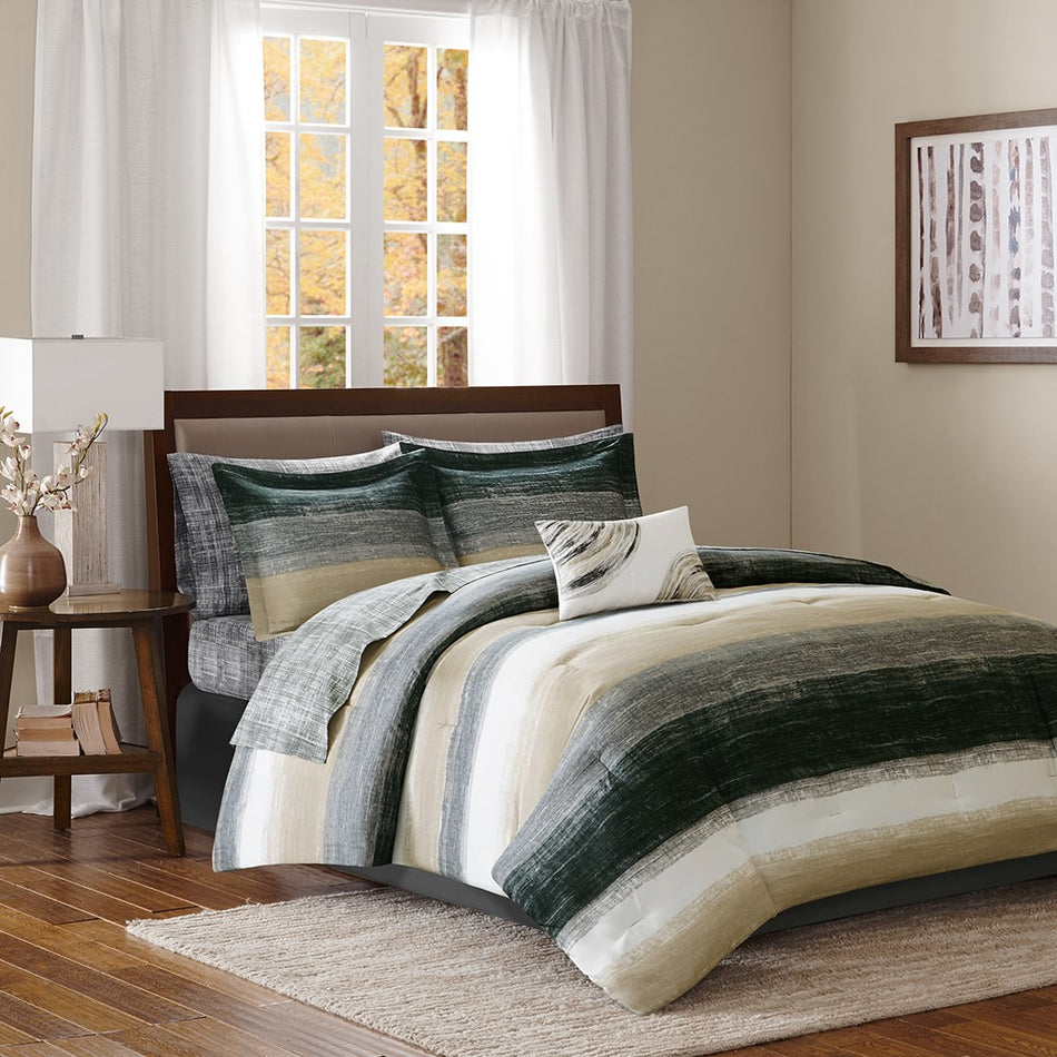 Madison Park Essentials Saben 9 Piece Comforter Set with Cotton Bed Sheets - Taupe - Full Size
