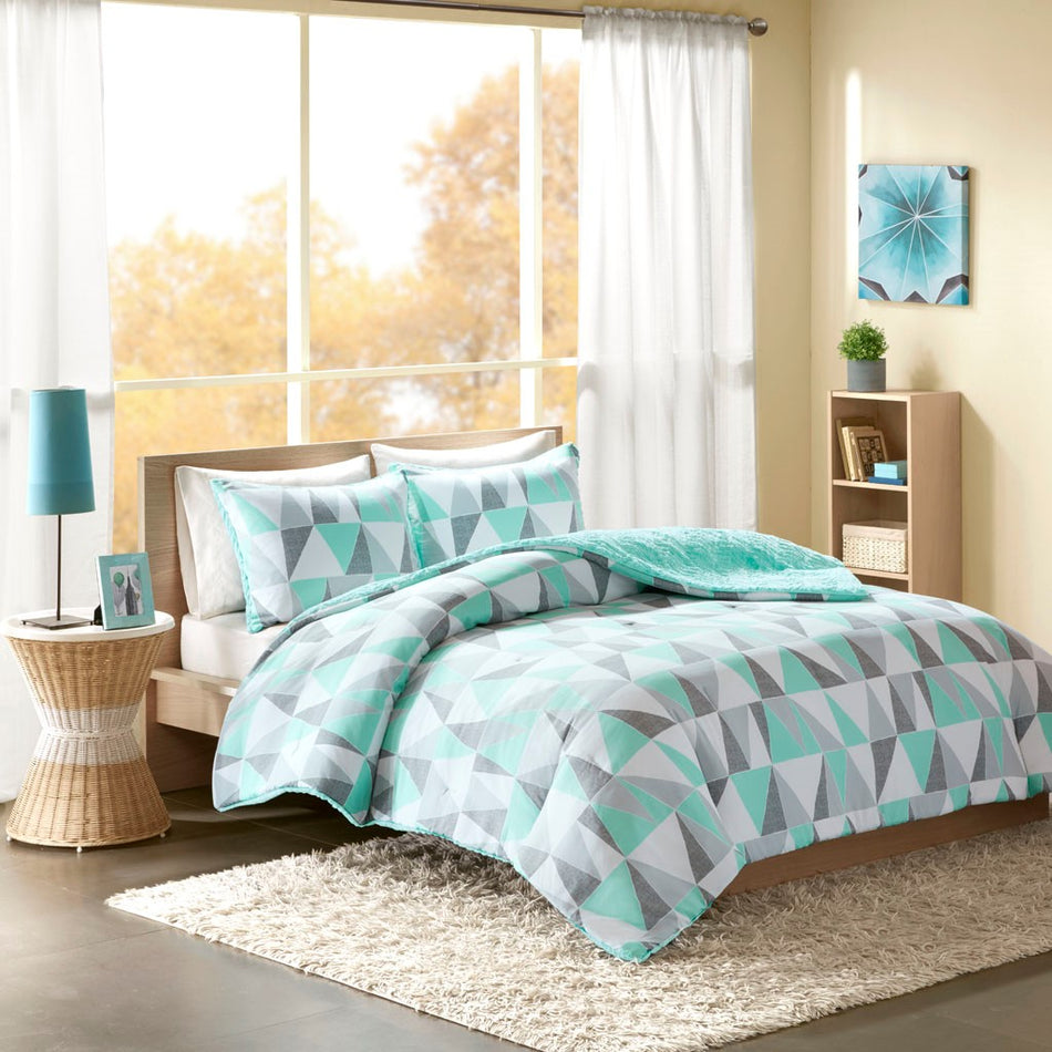 Intelligent Design Ellie Reversible Comforter Mini Set - Aqua - Twin Size