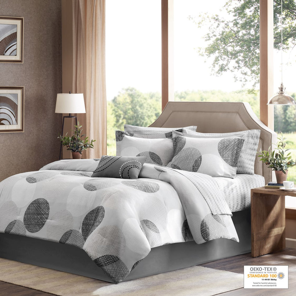 Knowles 9 Piece Comforter Set with Cotton Bed Sheets - Grey - Full Size