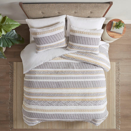 Madison Park Newton 3 Piece Cotton Printed Duvet Cover Set - Yellow / Charcoal - Full Size / Queen Size