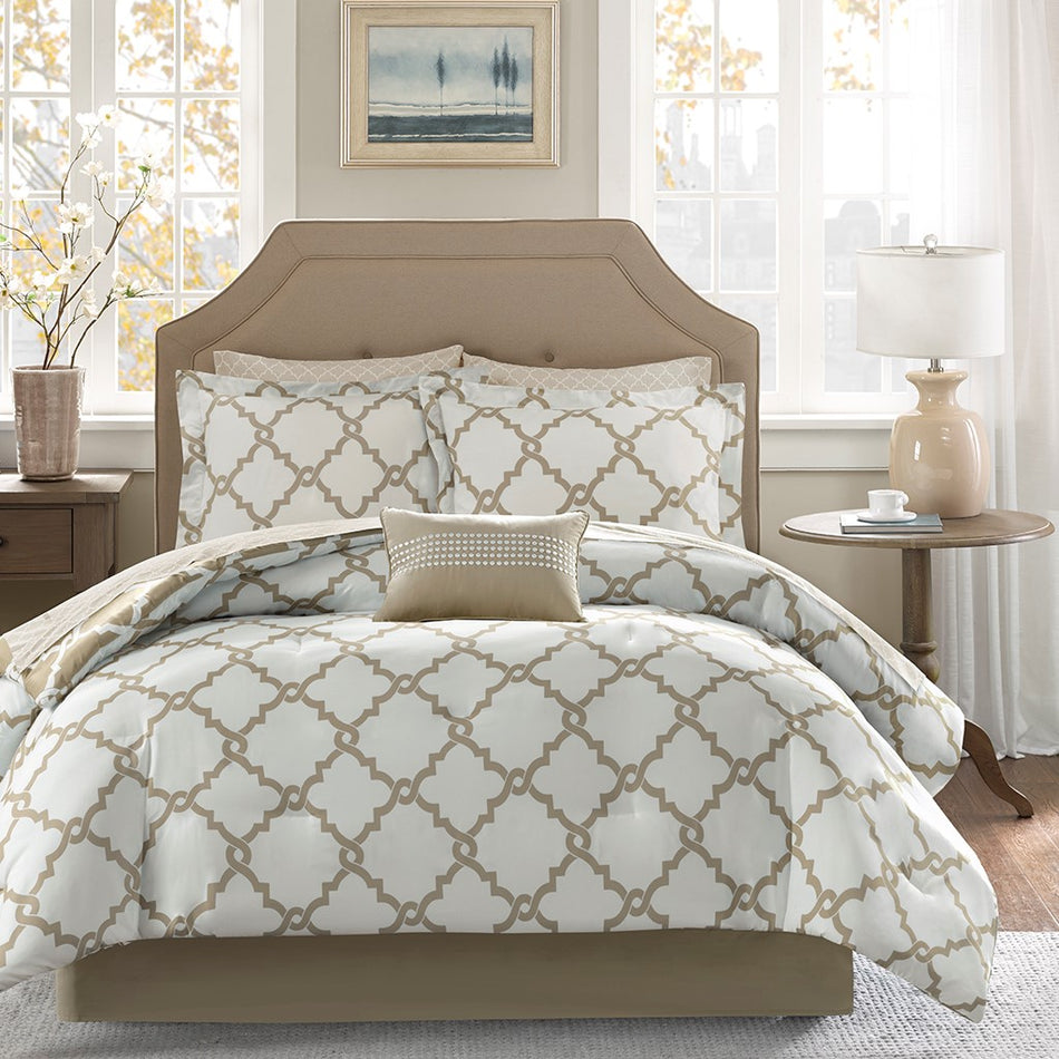 Madison Park Essentials Merritt 9 Piece Comforter Set with Cotton Bed Sheets - Taupe  - Full Size Shop Online & Save - ExpressHomeDirect.com