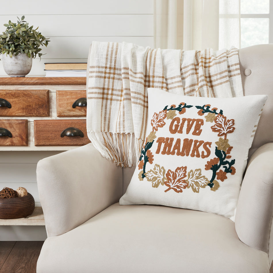 Wheat Plaid Give Thanks Pillow Cover 18x18