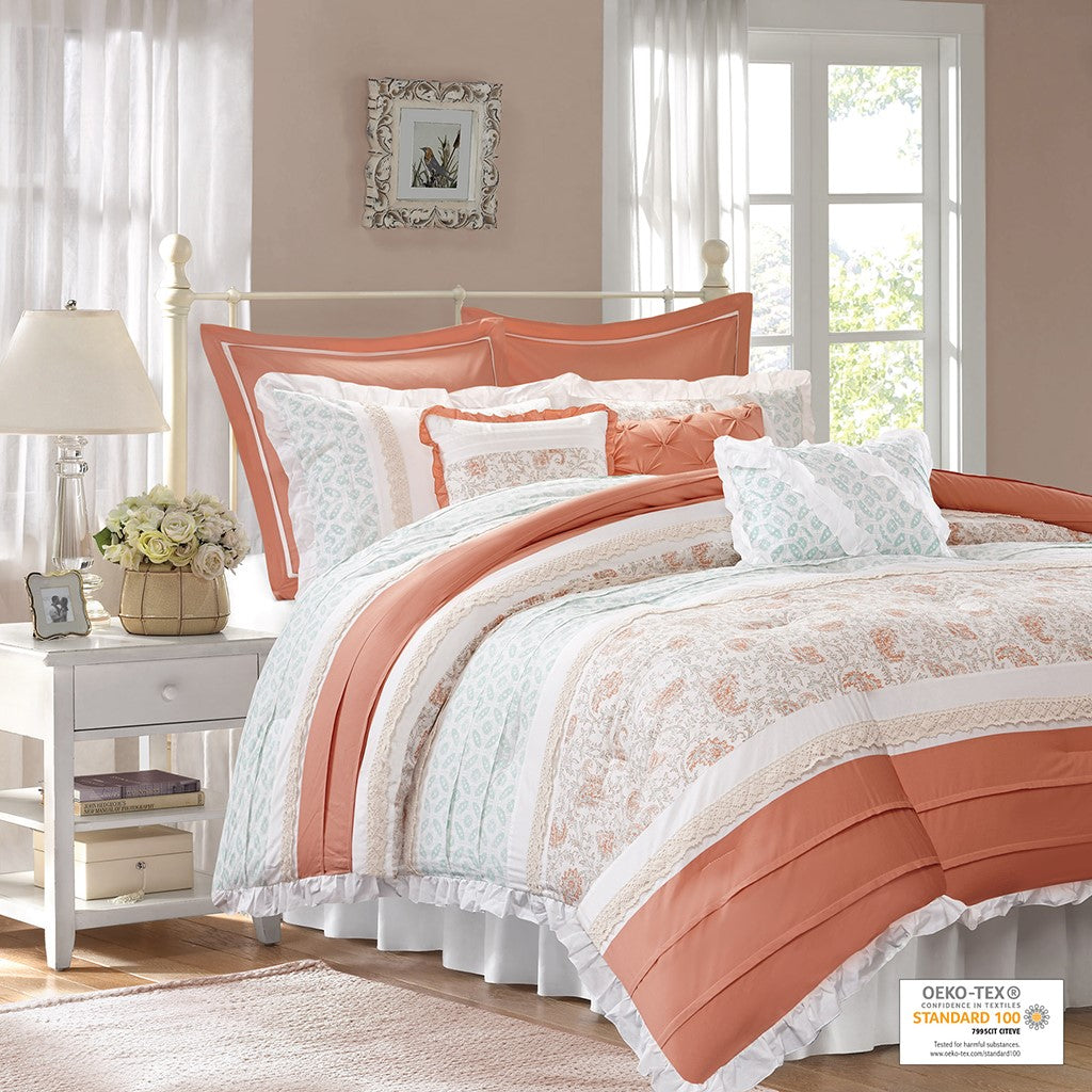 Madison Park Dawn 9 Piece Cotton Percale Comforter Set - Coral  - Cal King Size Shop Online & Save - ExpressHomeDirect.com