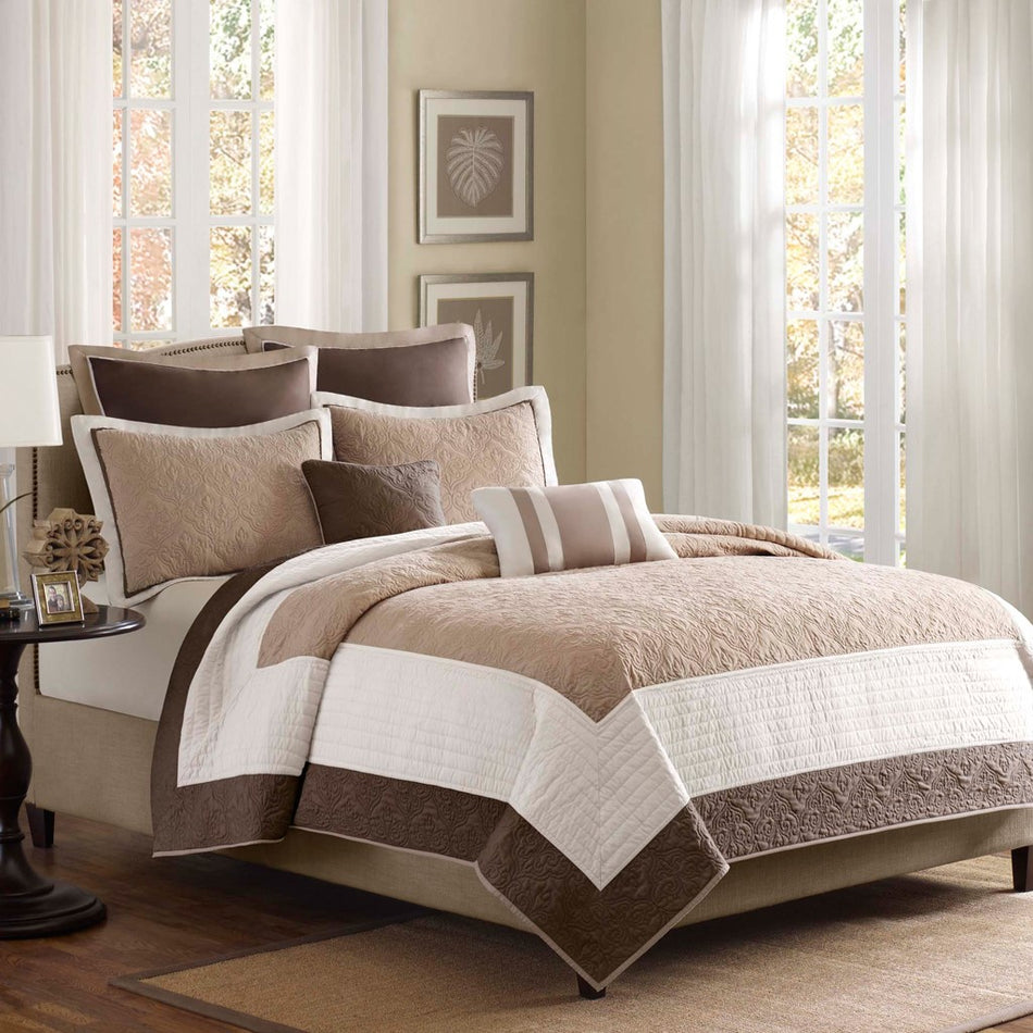 Madison Park Attingham 7 Piece Quilt Set with Euro Shams and Throw Pillows - Beige - King Size / Cal King Size