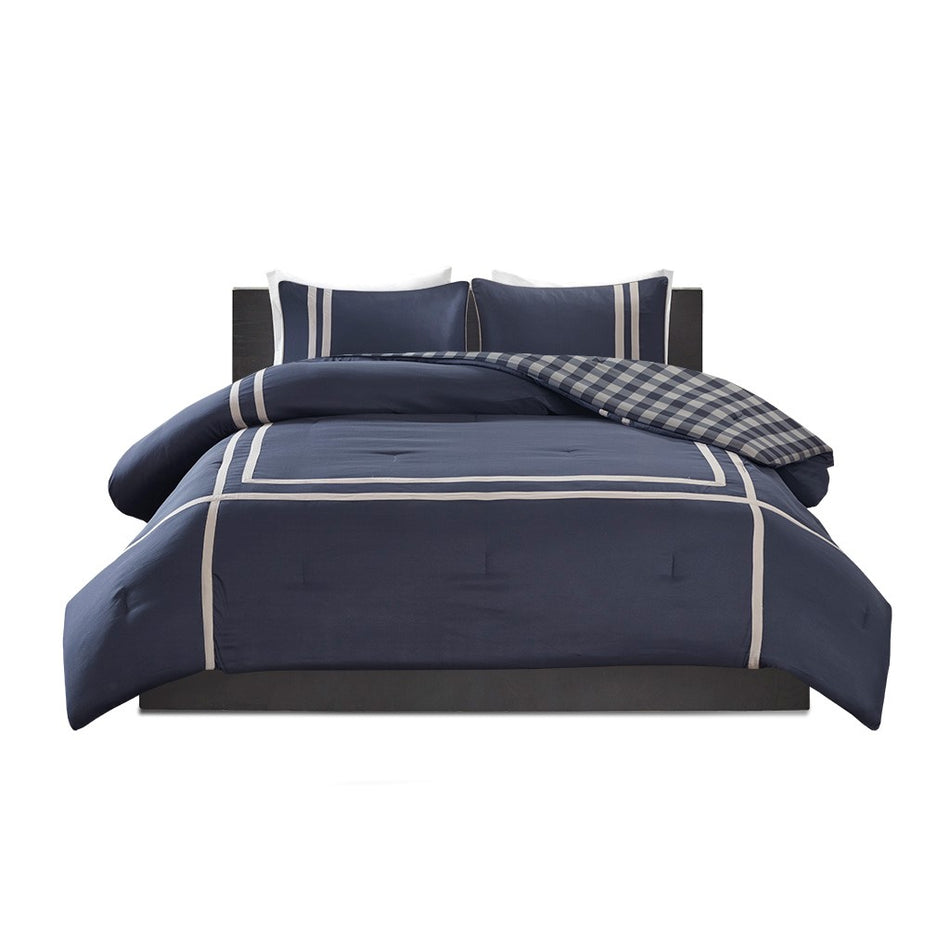 Oxford Reversible Comforter Set - Navy - Full Size / Queen Size