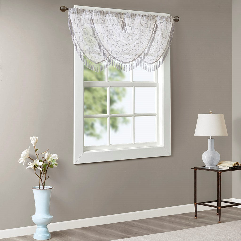 Madison Park Irina Diamond Sheer Embroidered Waterfall Valance - White / Grey - 38x46"