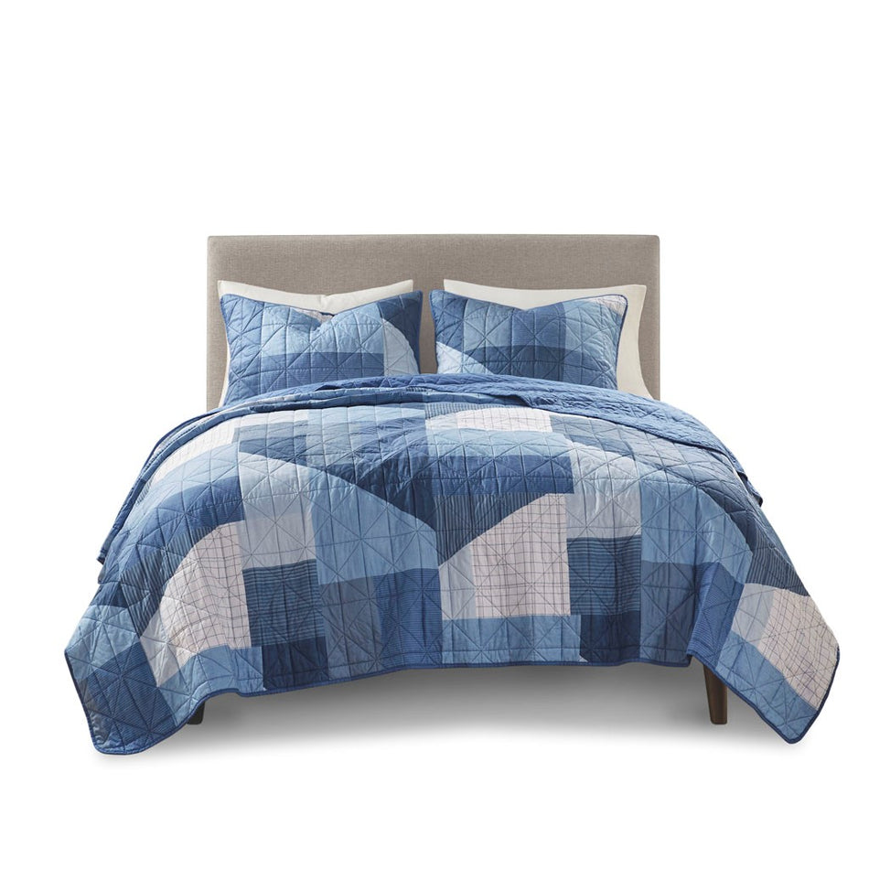 Skyler Patchwork Printed Reversible Quilt Set - Blue - Full Size / Queen Size