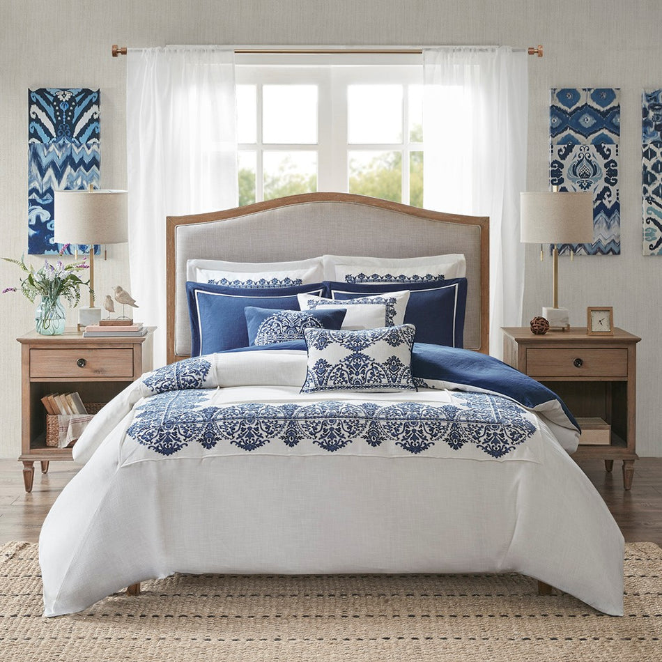Indigo Sky Faux Linen Oversized Comforter 8 Piece Set - Off White / Blue - Queen Size