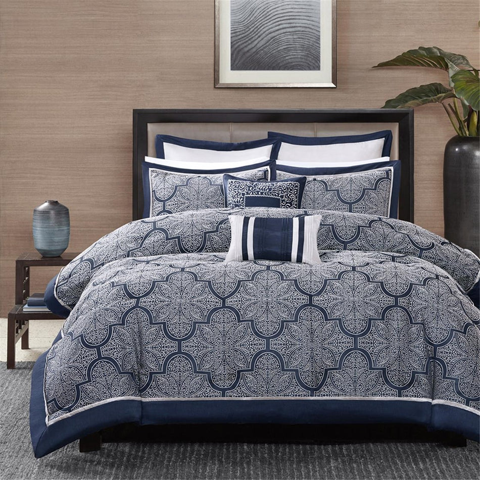 Medina 8 Piece Jacquard Comforter Set - Navy - King Size