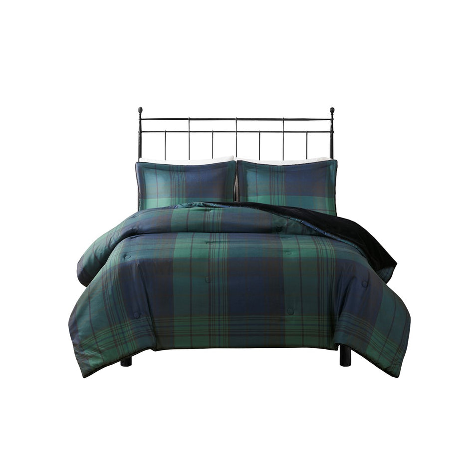 Bernston Faux Wool to Faux Fur Down Alternative Comforter Set - Green Plaid - King Size / Cal King Size