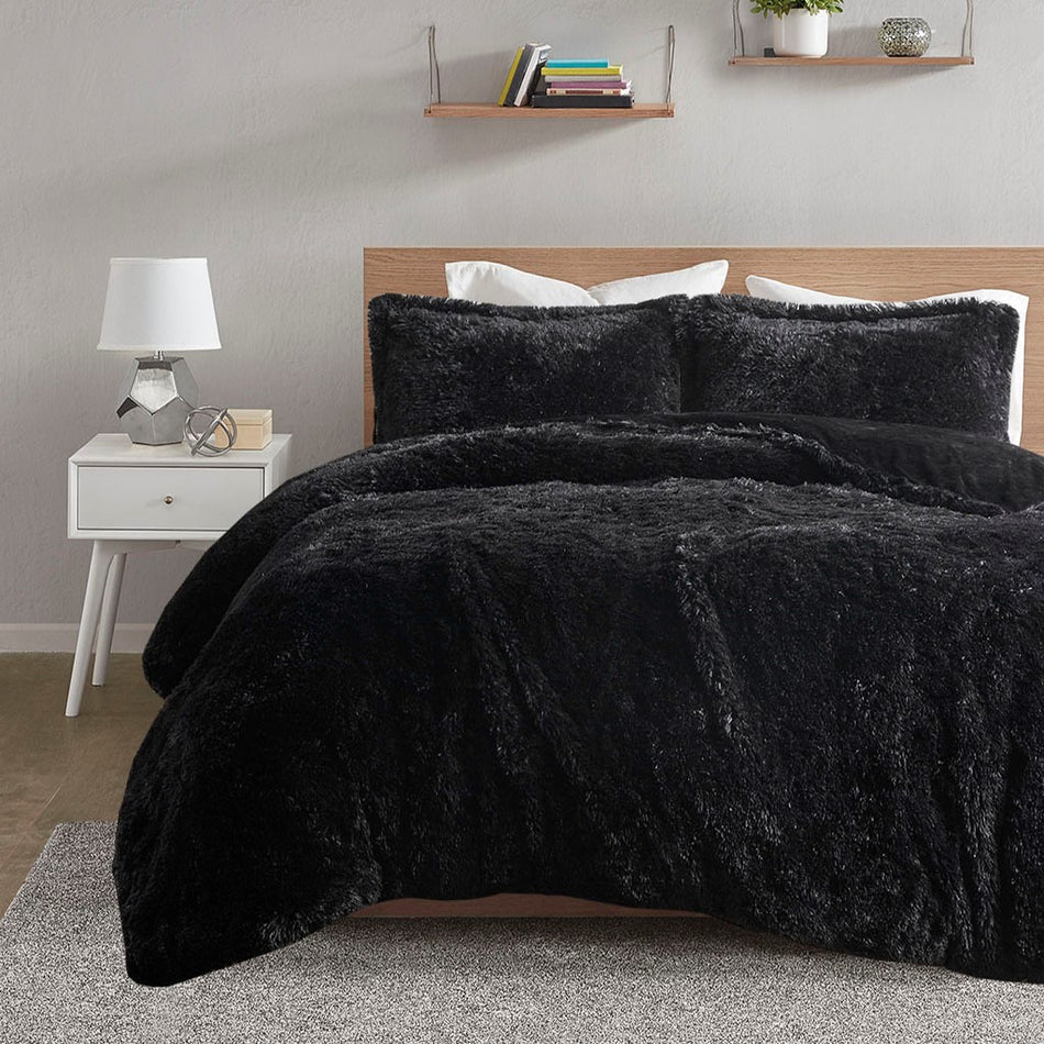 Malea Shaggy Fur Duvet Cover Set - Black - Full Size / Queen Size