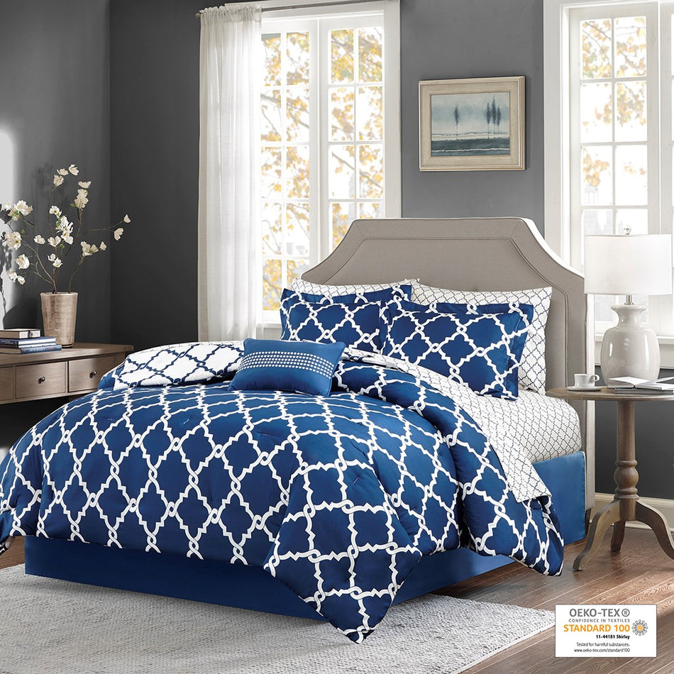 Merritt 9 Piece Comforter Set with Cotton Bed Sheets - Navy - Full Size