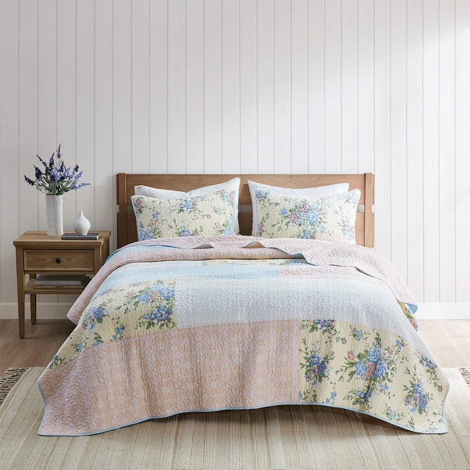 Gretchen 3 Piece Reversible Cotton Quilt Set - Blush / Yellow - Full Size / Queen Size