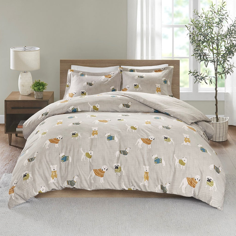 Cozy Flannel 100% Cotton Flannel Printed Duvet Set - Grey Dogs - Twin Size / Twin XL Size