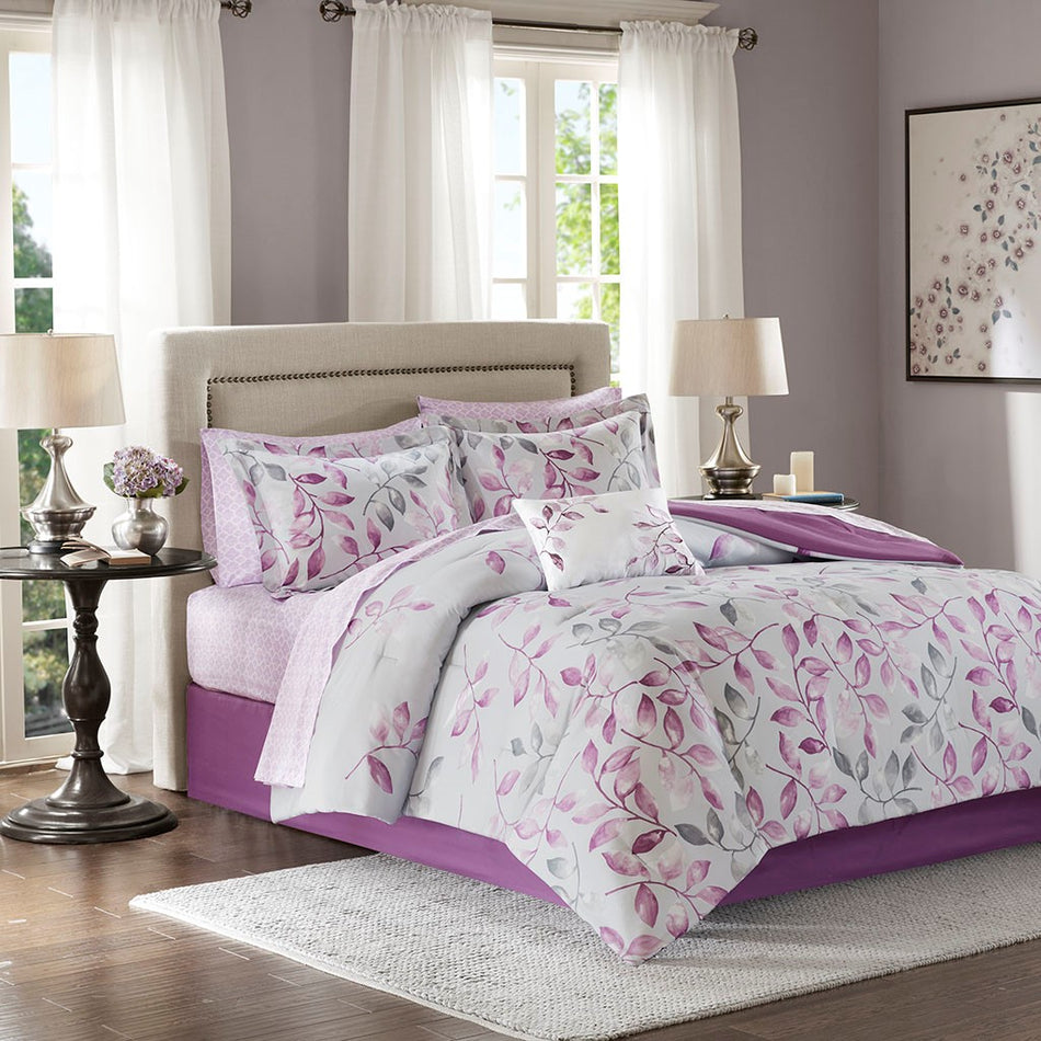 Madison Park Essentials Lafael 9 Piece Comforter Set with Cotton Bed Sheets - Purple - Full Size