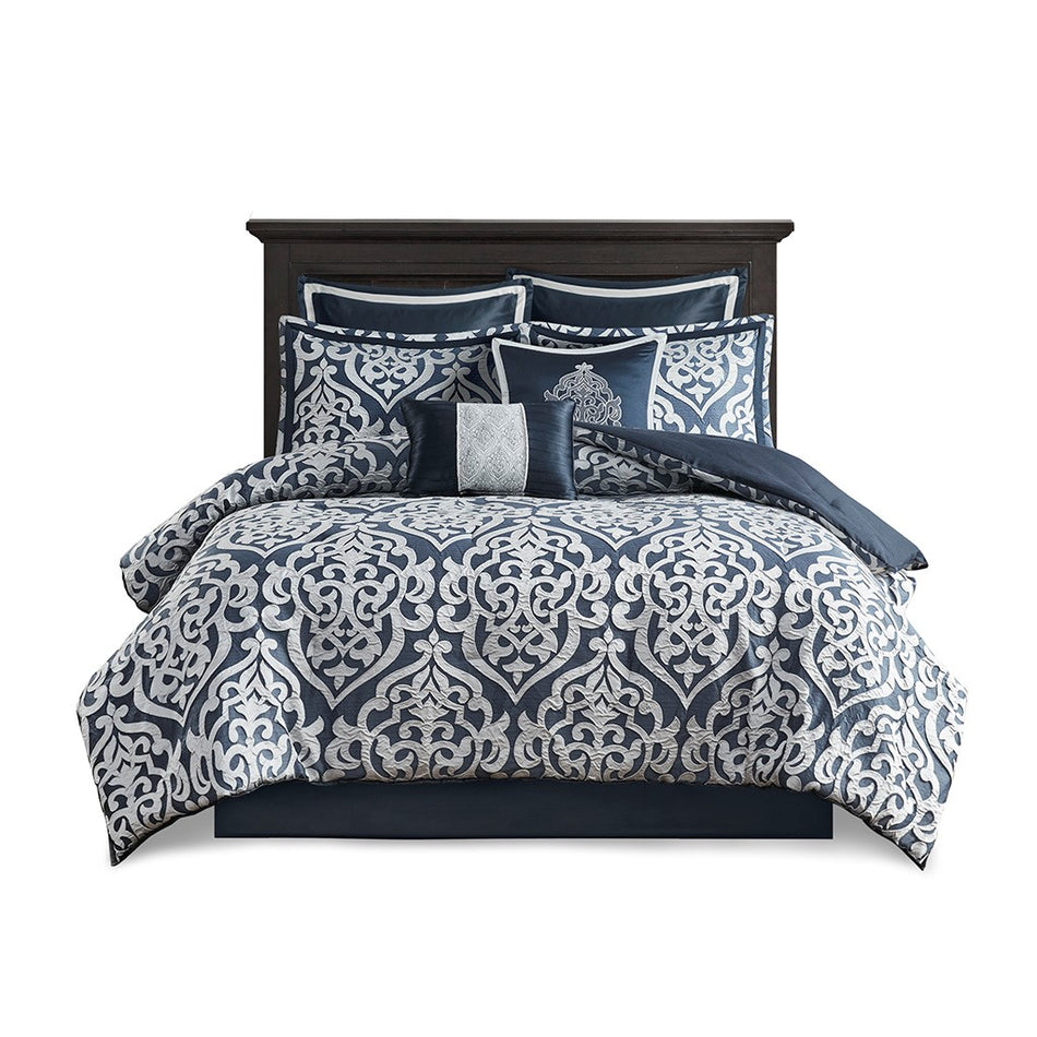 Odette 8 Piece Jacquard Comforter Set - Navy - Cal King Size