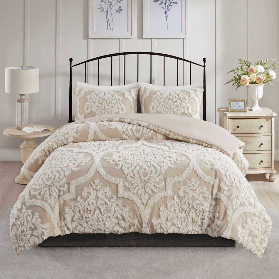 Viola 3 piece Tufted Cotton Chenille Damask Duvet Cover Set - Taupe - Full Size / Queen Size