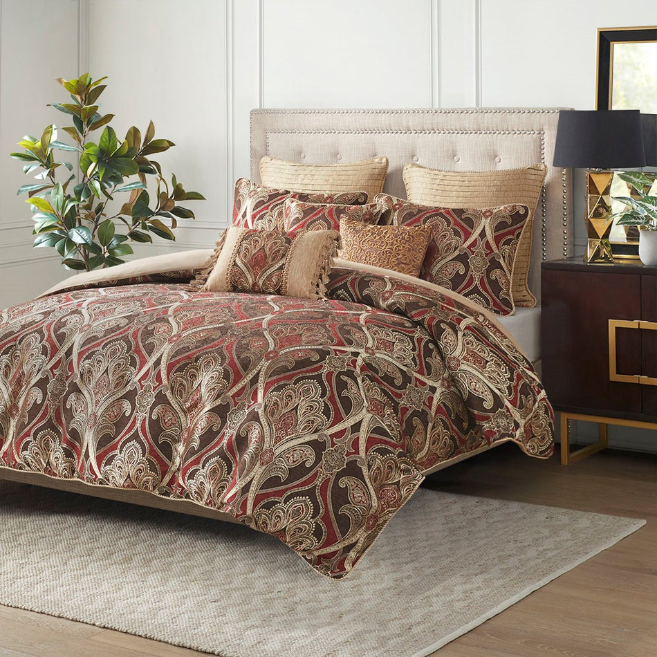 Royale 8 Piece Jacquard Comforter Set - Red - Queen Size