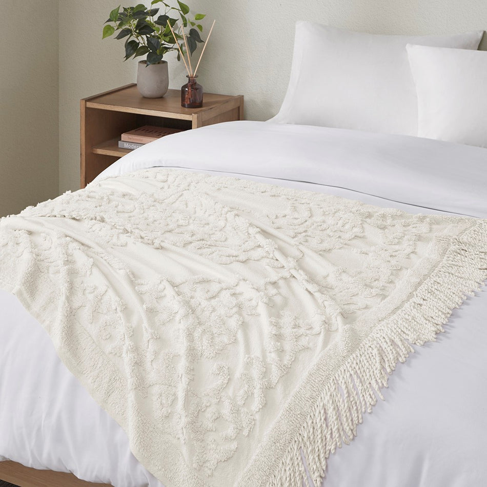 Chloe 100% Cotton Tufted Chenille Lightweight Throw With Fringe Tassel 50" x 60" - Ivory - 50x60"