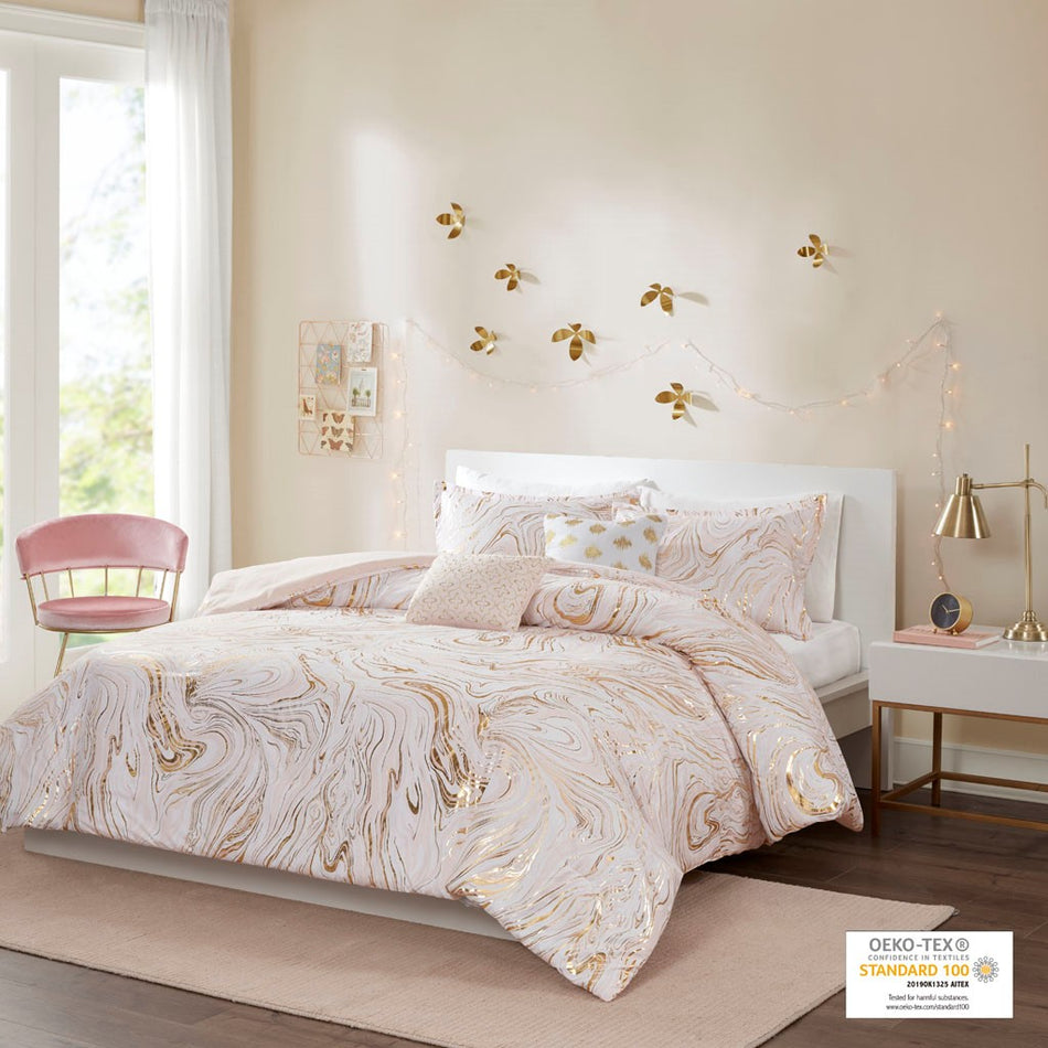 Intelligent Design Rebecca Metallic Printed Comforter Set - Blush / Gold - Twin Size / Twin XL Size