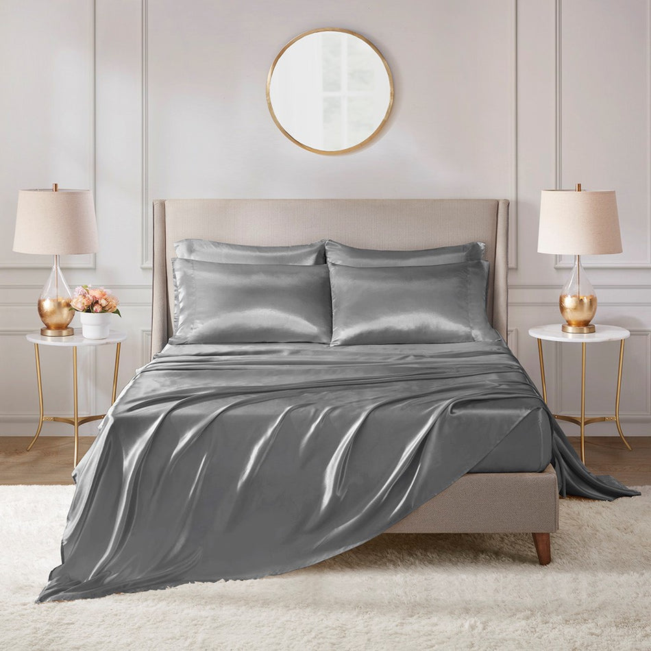 Madison Park Essentials Satin Luxury 6 PC Sheet Set - Grey - Full Size