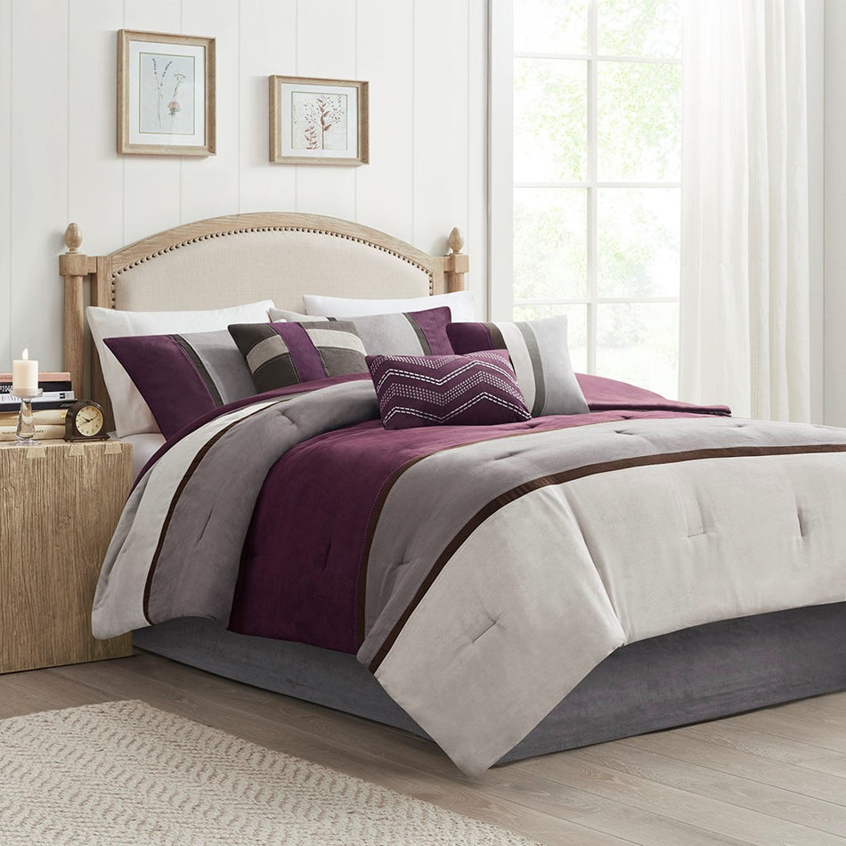 Madison Park Palisades 7 Piece Faux Suede Comforter Set - Purple - Cal King Size