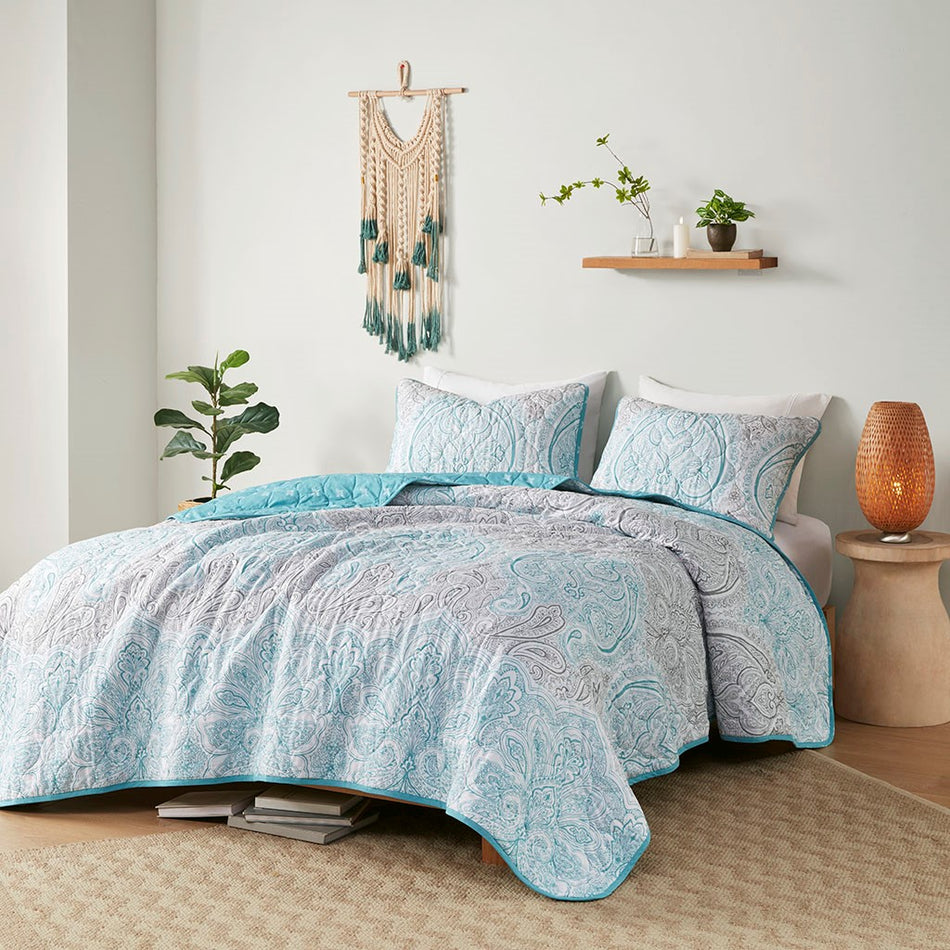 Cardi 3 Piece Reversible Cotton Coverlet Set - Teal - Full Size / Queen Size