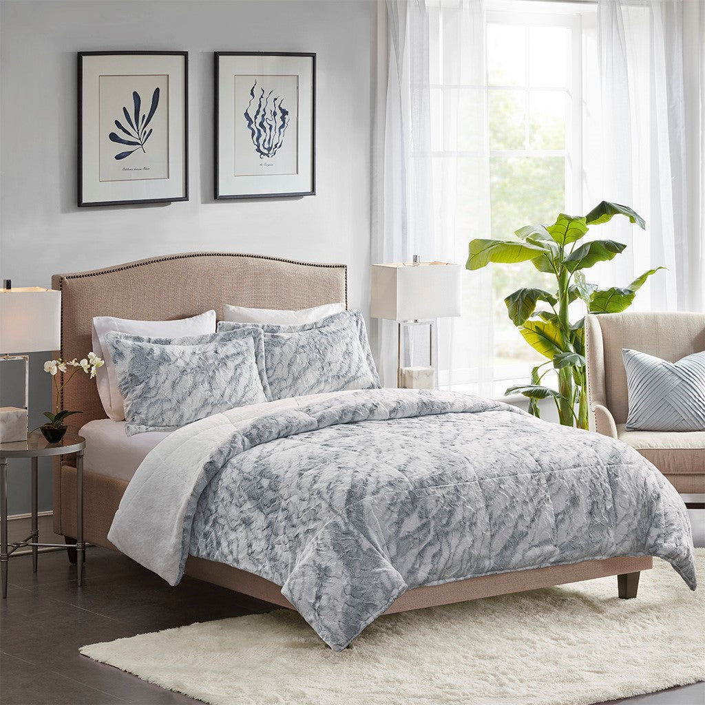 Madison Park Lana Marble Faux Fur Comforter Set - Grey / Blue - Queen Size