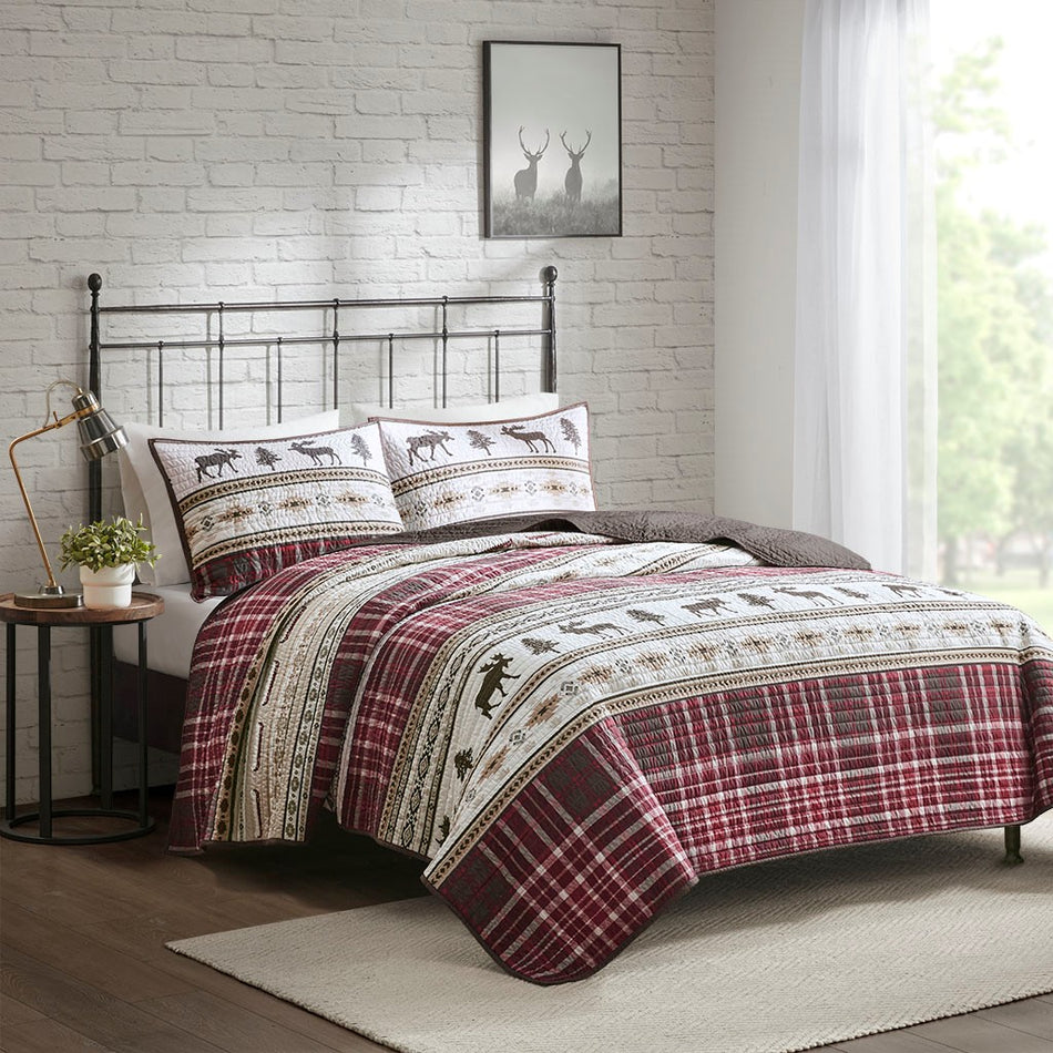 Woolrich Winter Valley Oversized 3 PC Microfiber Quilt Set - Red / Brown - Full Size / Queen Size