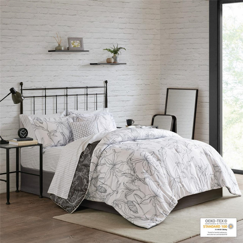 Lilia 9 Piece Reversible Comforter Set with Cotton Bed Sheets - White / Charcoal - Cal King Size