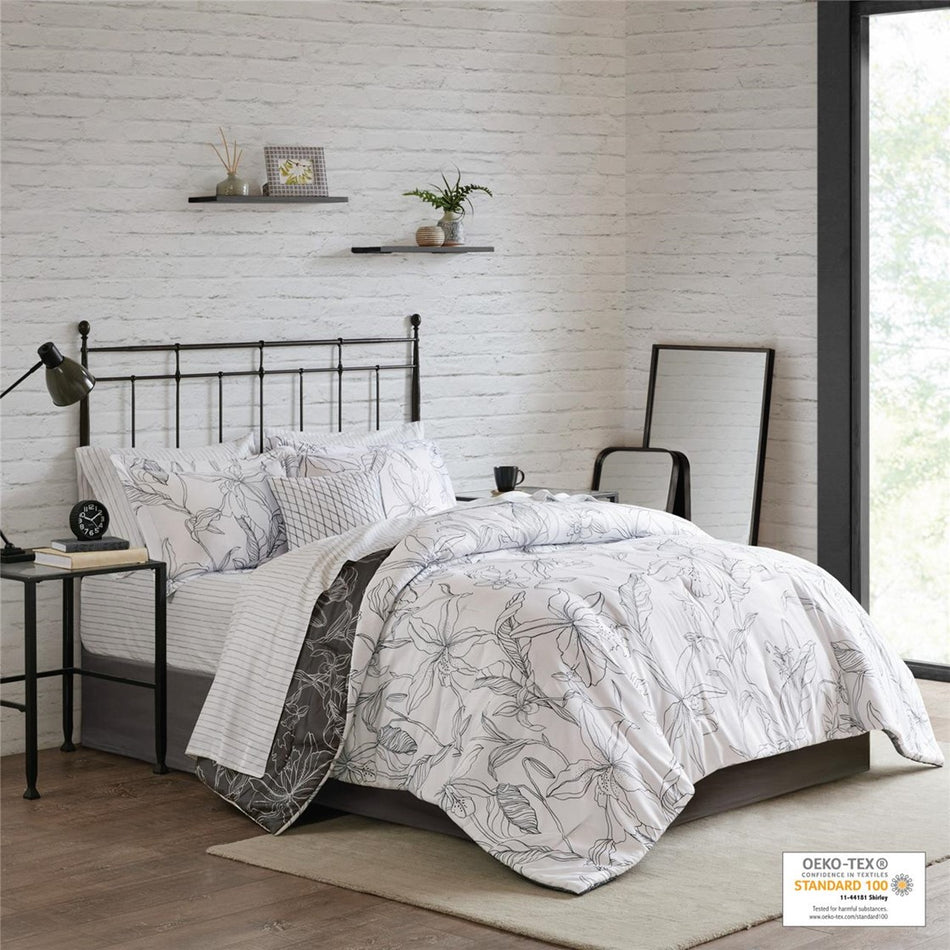 Lilia 7 Piece Reversible Comforter Set with Cotton Bed Sheets - White / Charcoal - Twin Size
