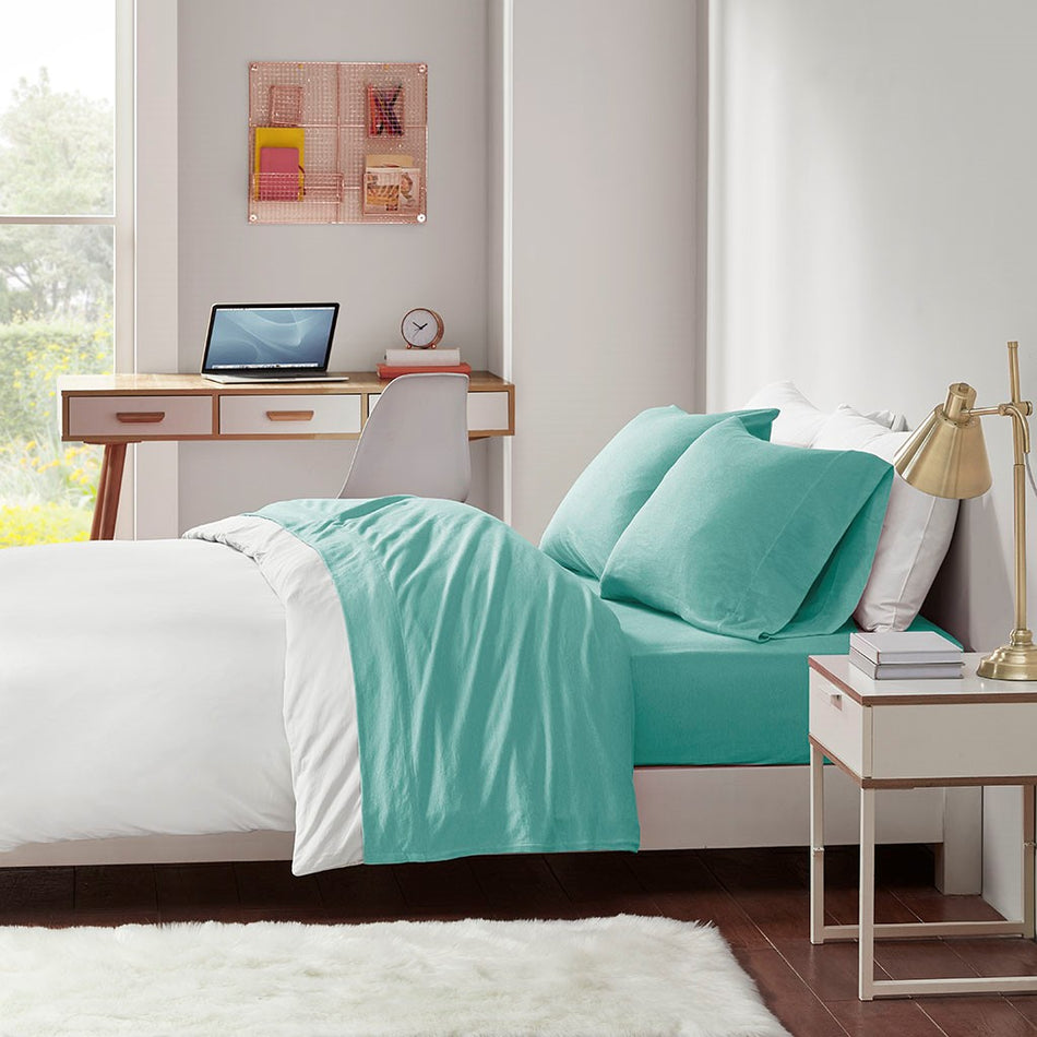 Intelligent Design Cotton Blend Jersey Knit All Season Sheet Set - Aqua - Full Size