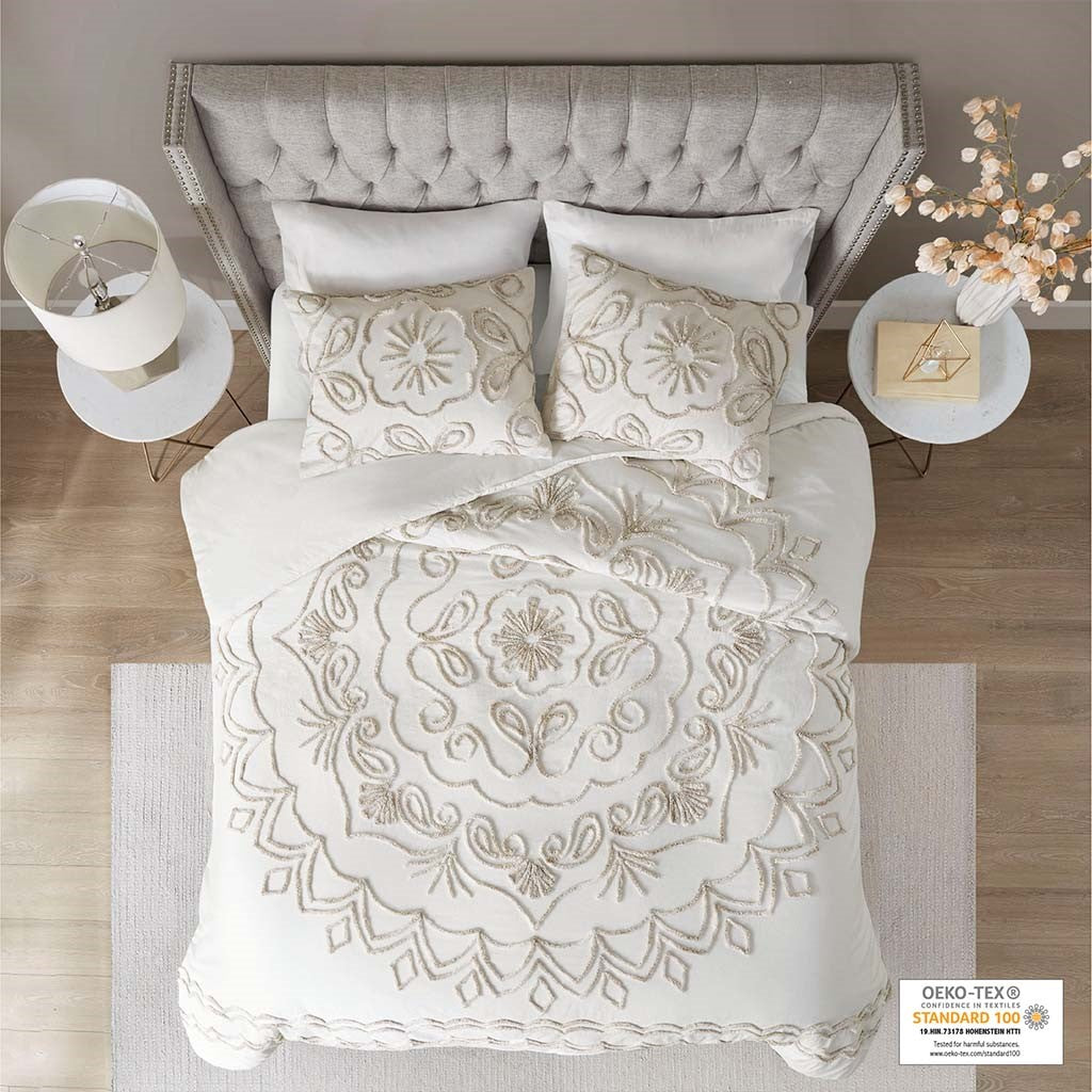 Madison Park Violette 3 Piece Tufted Cotton Chenille Duvet Cover Set - Ivory / Taupe - Full Size / Queen Size