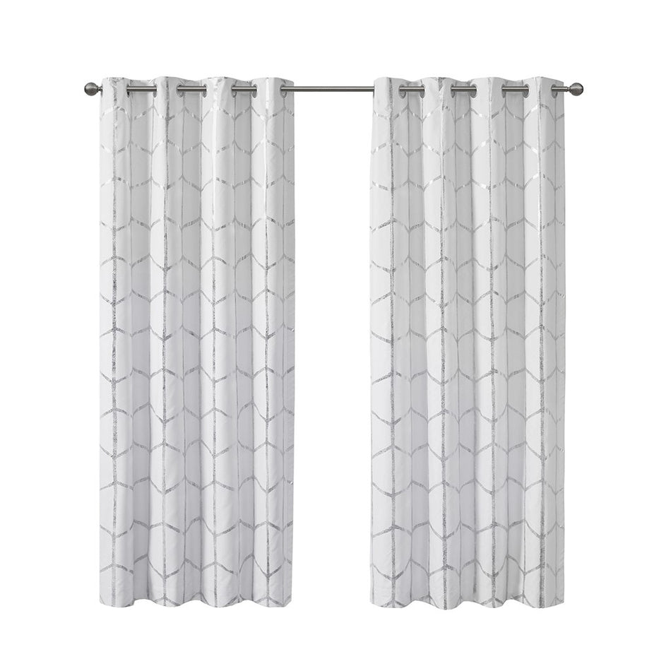 Raina Total Blackout Metallic Print Grommet Top Curtain Panel - White / Silver - 50x63"