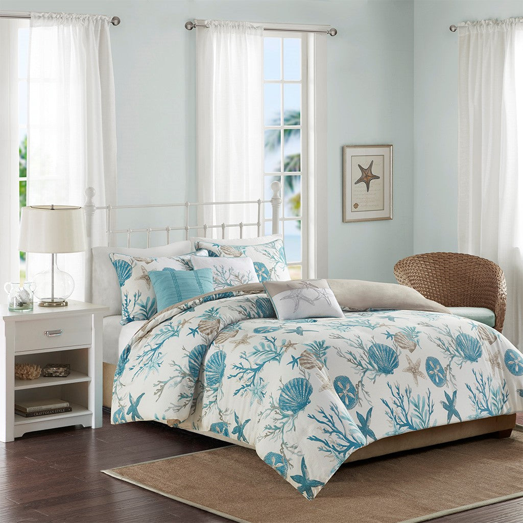 Madison Park Pebble Beach 6 Piece Cotton Sateen Duvet Cover Set - Aqua - Full Size / Queen Size