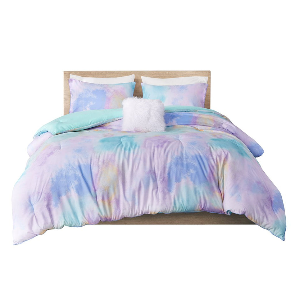 Cassiopeia Watercolor Tie Dye Printed Comforter Set - Aqua - Full Size / Queen Size