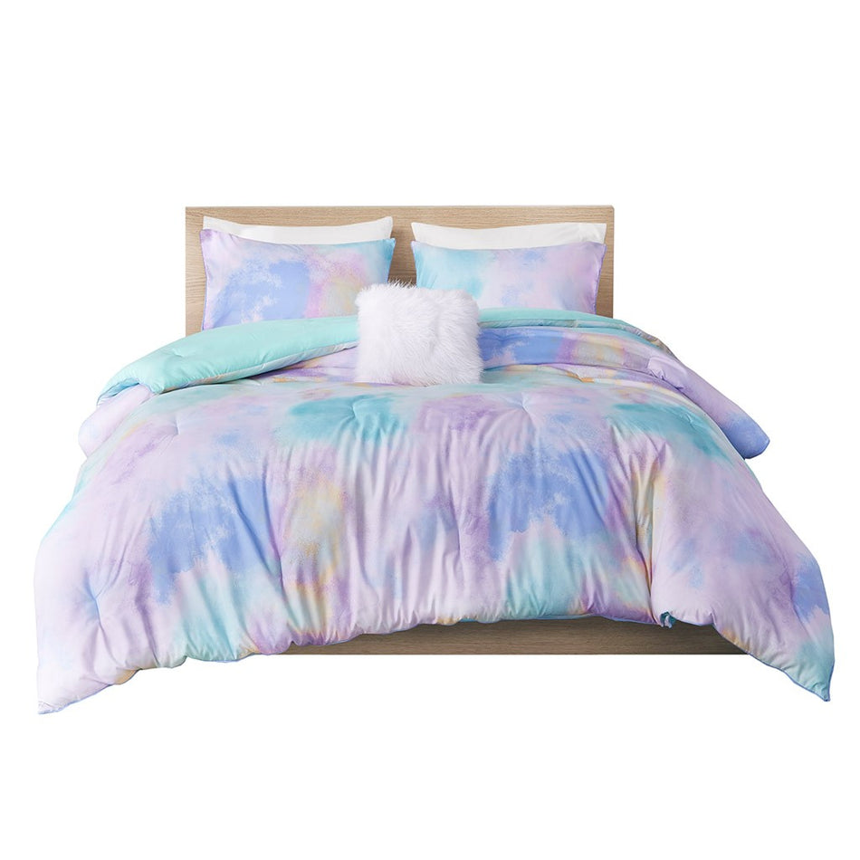 Cassiopeia Watercolor Tie Dye Printed Comforter Set - Aqua - Twin Size / Twin XL Size