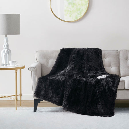 Serta Malea Heated Shaggy Faux Fur Heated Throw - Black - 50x60"